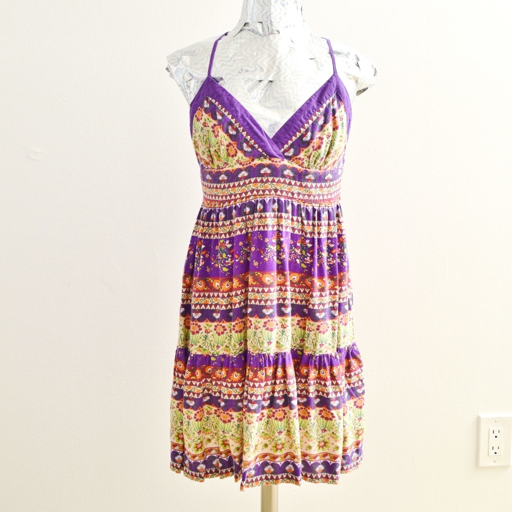 Purple Vibrant Floral Tribal Patterned Garden Sun Dress | Size S